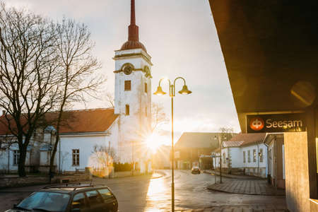 Kuressaare, Estonia. Kuressaare St. Lawrence Church In Sunlight Sunrise Or Sunset Timeのeditorial素材
