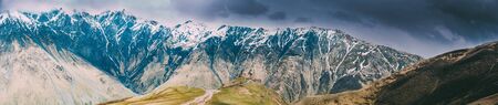Kazbegi, Georgia. Gergeti Trinity Church Or Tsminda Sameba - Holの写真素材