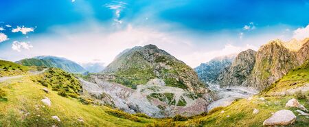 Daryal Gorge. Beautiful Blue Sky Over Mountains And Rocks In Darial Gorge, Kazbegi District, Mtskheta-Mtianeti Region, Georgia.の写真素材
