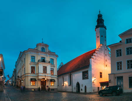 Tallinn, Estonia. Tower Of Church Of Holy Ghost Or Holy Spirit In Winter Evening Night.のeditorial素材