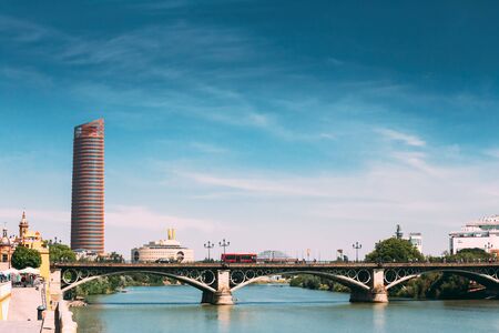 Seville, Spain. Cajasol Tower is modern highest building in Seville, Spain. Pell Tower is an office skyscraperの写真素材