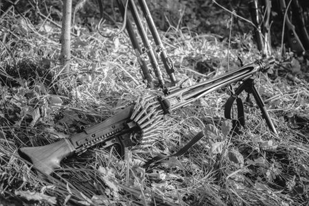 World War II German Wehrmacht Infantry Soldier Army Weapon. MG 42 Machine Gun On Ground In Forest...