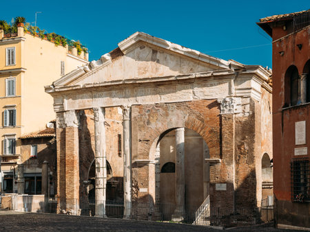 Rome, Italy. Facade Of Ancient Structure Portico Of Octavia In Sunny Day.