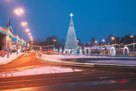 Gomel, Belarus. Main Christmas Tree And Festive Illumination On Lenin Square In Gomel. New Year In Belarus.の写真素材