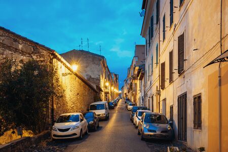 Cars Parked On Narrowm Street In European City In Summer Night.の写真素材