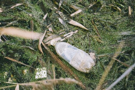 Old Plastic Bottle Floats In Water Of Swamp Or Bog. Used Empty Bottle Left In Water. Eco Concept Garbage Disaster From Ecological Pollution Of Environment. Waste Pollution Problem.の写真素材