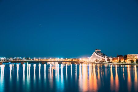 Riga, Latvia. Daugava River, National Library Building In Night. Copy Space.の写真素材