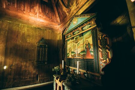 Borgund, Norway. Interior Of Famous Wooden Norwegian Landmark Stavkirke. Ancient Old Wooden Triple Nave Stave Church.の写真素材