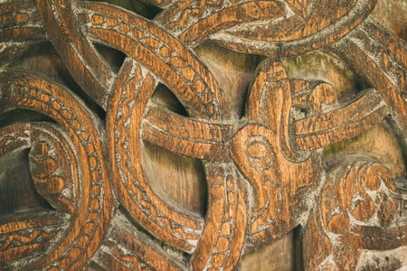 Borgund, Norway. Carved Details Of Famous Wooden Norwegian Landmark Stavkirke. Ancient Old Wooden...