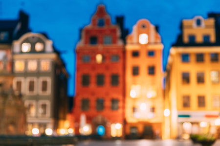 Stockholm, Sweden. Famous Old Colorful Houses. Abstract Boke Bokeh Background. Design Backdrop.の写真素材