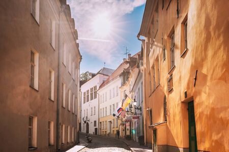 Tallinn, Estonia. Empty Puhavaimu Street In Old Town During Sunsetの写真素材