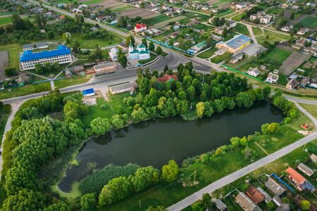 Korma Village, Dobrush District, Belarus. Aerial View Of City Cityscape Skyline With St. John The Korma Convent Church In Korma Village. Famous Orthodox Churchの写真素材