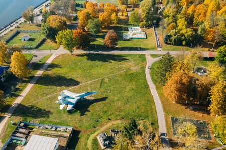 Pinsk, Brest Region Of Belarus, In The Polesia Region. Pinsk Cityscape Skyline In Autumn Day. Birds-eye View Of City Park With Military Aircraft And Warfareの写真素材