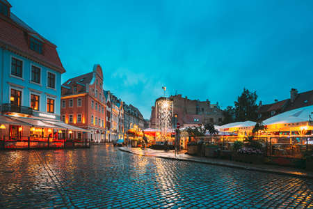 Riga, Latvia - July 3, 2016: Open Air Leisure Venue Recreation Center Egle In Evening Or Night Illumination In Old Town On Kalku Street.のeditorial素材