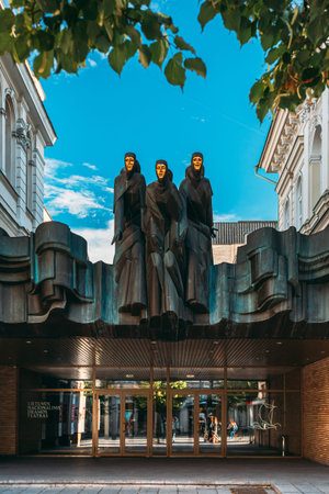 Vilnius, Lithuania, Eastern Europe - July 7, 2016: Sculpture Of Three Muses On Facade Of Lithuanian...