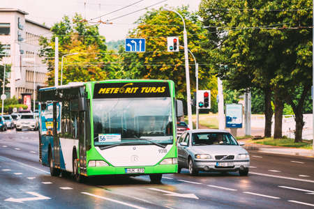 Vilnius, Lithuania - July 5, 2016: Public Mercedes-benz Bus On Summer A. Gostauto Street In Vilnius, Lithuania. Route Number 56のeditorial素材