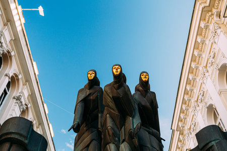 Vilnius, Lithuania, Eastern Europe - July 7, 2016: Sculpture Of Three Muses On Facade Of Lithuanian...