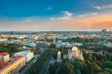 Riga, Latvia - July 2, 2016: Riga Cityscape. Top View Of Buildings Ministry Of Justice, Supreme Court, Cabinet Of Ministers In Summer Evening. Aerial Viewのeditorial素材