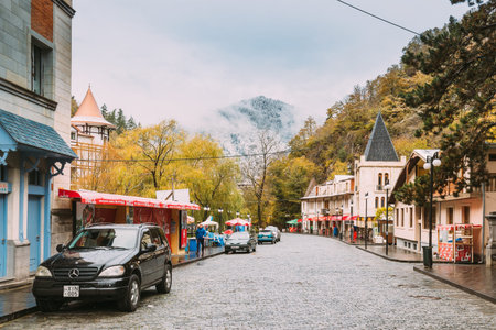 Borjomi, Samtskhe-Javakheti, Georgia - October 26, 2016: Houses In 9th April Street At Rainy Autumn Day.のeditorial素材