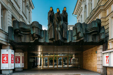 Vilnius, Lithuania, Eastern Europe - July 7, 2016: Sculpture Of Three Muses On Facade Of Lithuanian National Drama Theatre Building, Main Entranceのeditorial素材