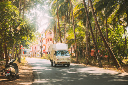 Goa, India - February 12, 2020: Truck Of Ashok Leyland Moving On Street In Sunny Summer Day