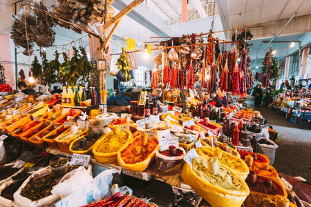 Batumi, Georgia - May 28, 2016: Diversity Of Varicolored Fragrant Spices And Herbs, Traditional Sauces, Condiments, Churchkhelas On The Counter Showcase At Covered Market, Bazar For Sale.のeditorial素材