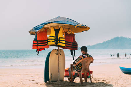Canacona, Goa, India - February 16, 2020: Lifeguard On Duty At Famous Palolem Beach In Summer Sunny Day.のeditorial素材