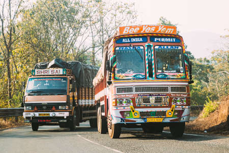 Padi, Goa, India - February 16, 2020: Painted Truck And Lorry Moving On Road Freeway Motorway.のeditorial素材