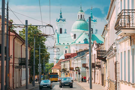 Grodno, Belarus - June 10, 2017: Famous Landmark Is St. Francis Xavier Cathedral At Summer Day. View From Karla Marksa Street.のeditorial素材