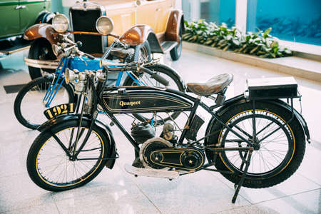 Moscow, Russia - February 22, 2020: Retro Vintage Oldtimer Peugeot P50 Motorcycle Of 1932 Year At Moscow Domodedovo Airport.のeditorial素材