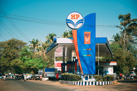 Old Goa, India - February 19, 2020: Hindustan Petroleum Corporation Limited Oils Gas Station. HPCL...