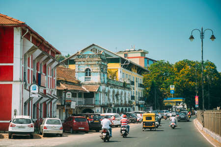 Panaji, Goa, India - February 19, 2020: Traffic moves near old Portuguese architecture in Panaji.のeditorial素材