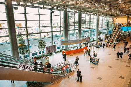 Moscow, Russia - February 22, 2020: People Waiting For Flight Registration In Domodedovo Airport Terminal.のeditorial素材