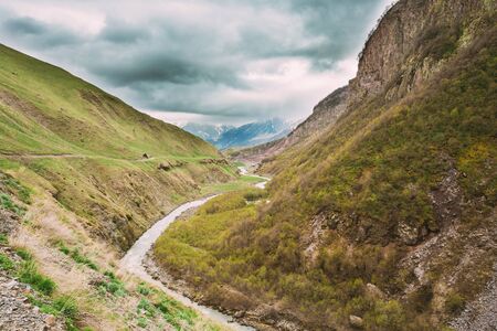 Georgia. Terek River Flows Through Georgia And Russia Into Caspian Sea. Spring Landscape With River Terek Near Ketrisi Village In Kazbegi District, Mtskheta-Mtianeti Region, Georgiaの写真素材