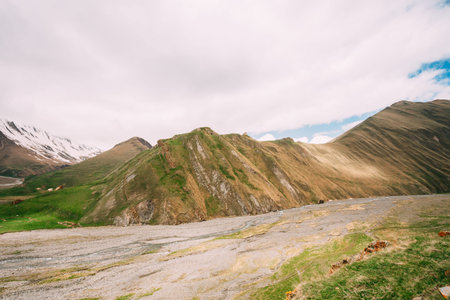 Karatkau Village, Kazbegi District, Mtskheta-Mtianeti Region, Georgia. Truso Gorge Spring Mountain Landscape.の写真素材