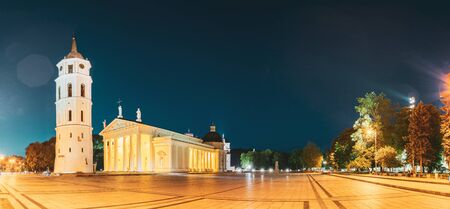 Vilnius, Lithuania, Eastern Europe. Evening Night Panorama Of Bell Tower Belfry, Cathedral At The Cathedral Square And Palace Of The Grand Dukes Of Lithuania In Twilight.の写真素材