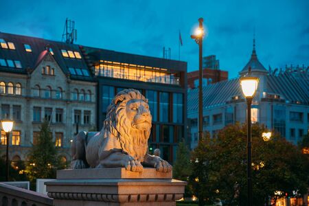 Oslo, Norway. Night View Of Lion Statue Near Storting Building. Parliament Of Norway Building.の写真素材