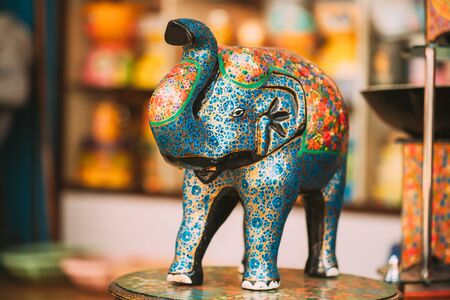 Goa, India. Painted Elephant Souvenir Of Porcelain On Shelf In Store. Goods For Tourists.の写真素材