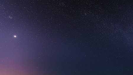Night Starry Sky With Glowing Stars. Bright Glow Of Planet Venus In Sky Among The Stars. Starry...