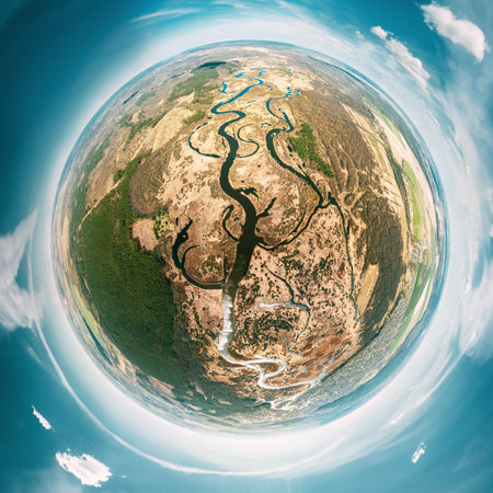 Aerial View Green Forest Woods And River Landscape In Sunny Spring Day. Top View Of Beautiful...