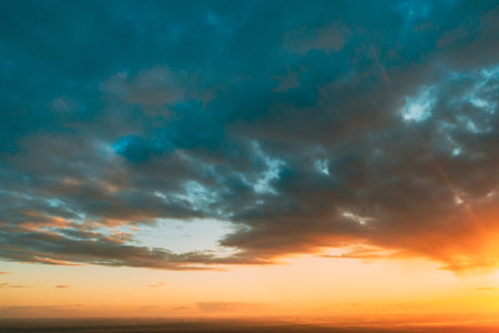 Sunrise Bright Dramatic Sky. Scenic Colorful Sky At Sunset Dawn.