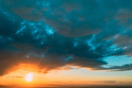 Sunshine In Sunrise Bright Dramatic Sky. Scenic Colorful Sky At Sunset Dawn.