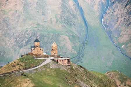 Stephantsminda, Georgia. Gergeti Trinity Church Or Tsminda Sameba - Holy Trinity Church Near Village...