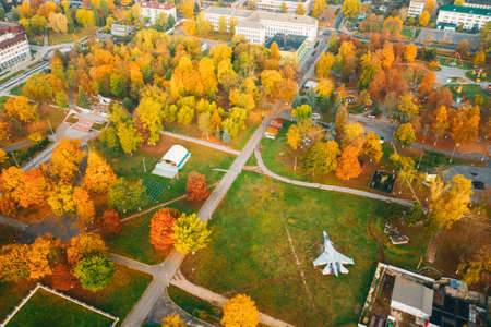 Pinsk, Brest Region Of Belarus, In The Polesia Region. Pinsk Cityscape Skyline In Autumn Day. Birds-eye View Of City Park With Military Aircraft And Warfareの写真素材