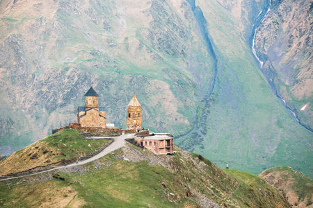 Stephantsminda, Georgia. Gergeti Trinity Church Or Tsminda Sameba - Holy Trinity Church Near Village...