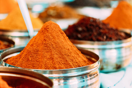 Close View Of Masala Curry, Bright Colors Fragrant Seasoning, Condiment In Tray On Local Food...