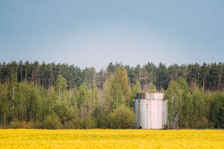 Steel Vertical Tank For Storing Carbamide-ammonia Mixture Or Other Chemical Fertilizers. Storage Tank Standing In Field Or Meadow In Summer Sunny Dayの写真素材