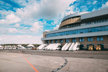 Minsk, Belarus. Passenger Boarding Stairs Or Stair Cars Stands At Minsk National Airport - Minsk-2...