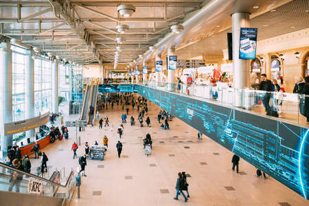 Moscow, Russia. People Waiting For Flight Registration In Domodedovo Airport Terminal.のeditorial素材