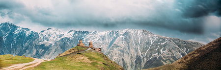 Stephantsminda, Georgia. Gergeti Trinity Church Or Tsminda Sameba - Holy Trinity Church Near Village...